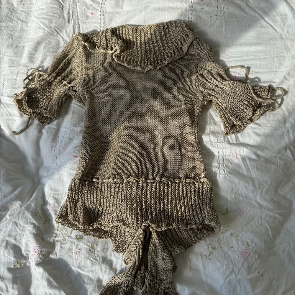 Ralph Lauren Beige Linen Ruffle Knit Top Size M - Picture 5 of 6